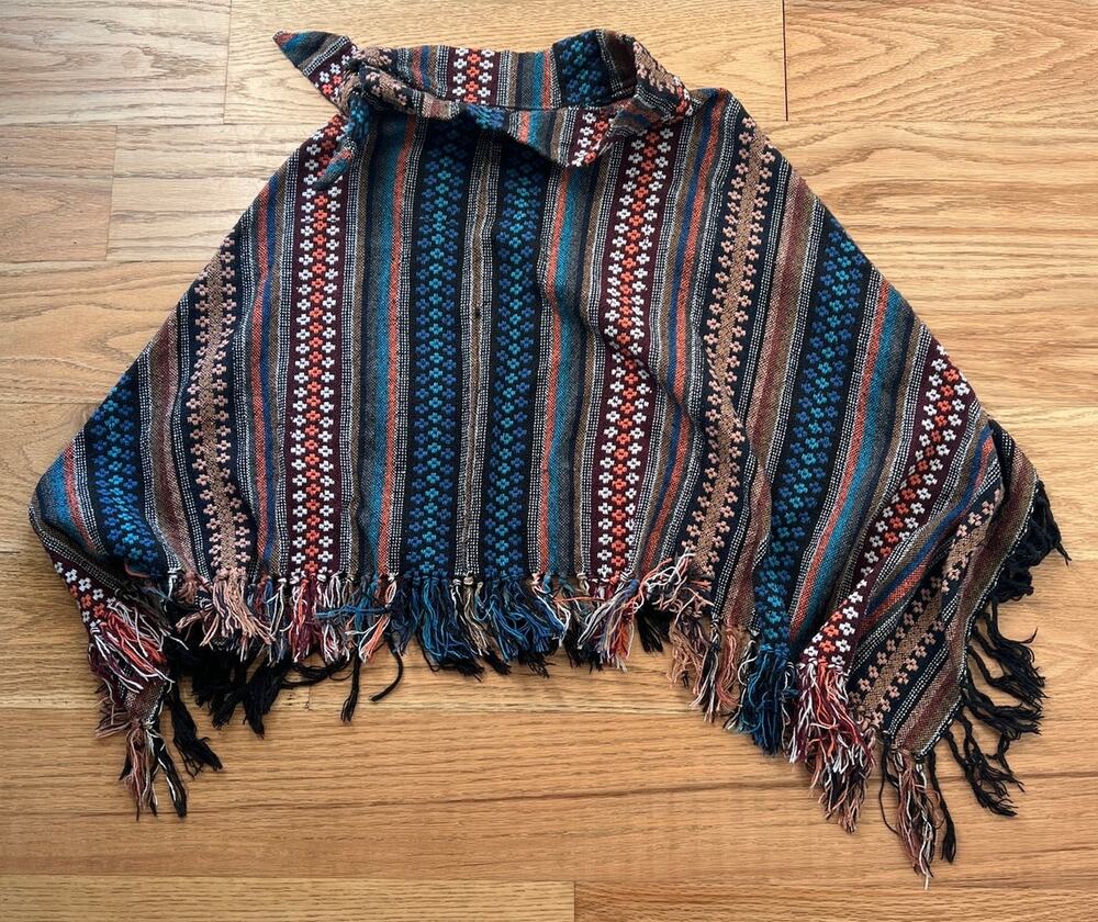 Vintage Aztec Fringe Poncho Bow Neck